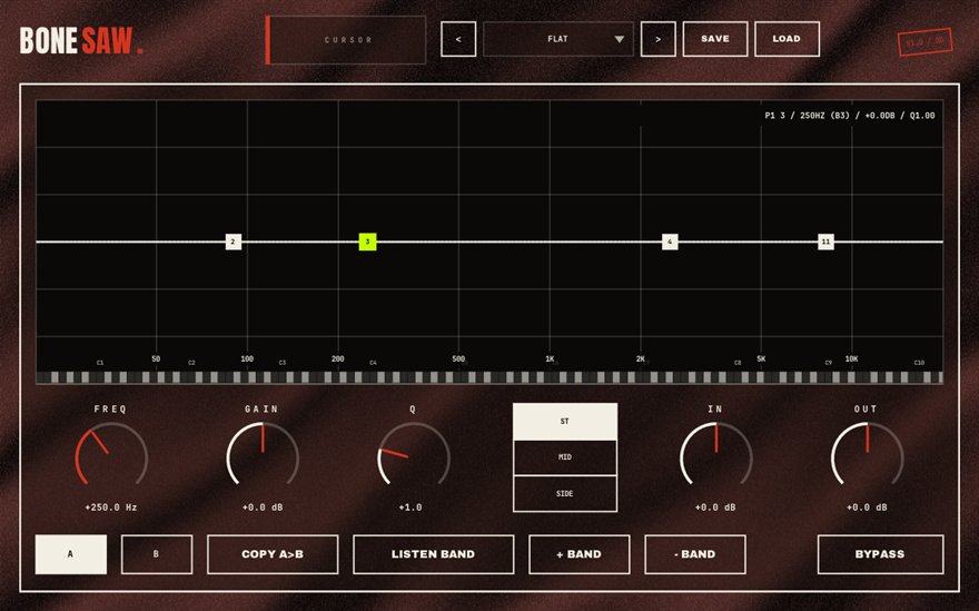 BONESAW — free 12-band M/S parametric EQ plugin for Windows (VST3), BSMT.DSP by Dr.dawgOG: interface screenshot