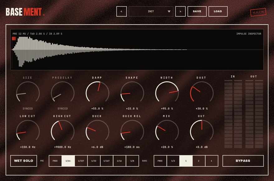 BASEMENT — free character reverb plugin for Windows (VST3), BSMT.DSP by Dr.dawgOG: interface screenshot