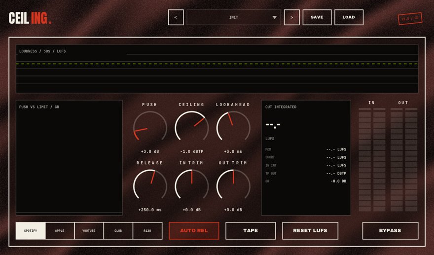 CEILING — free limiter + LUFS metering plugin for Windows (VST3), BSMT.DSP by Dr.dawgOG: interface screenshot