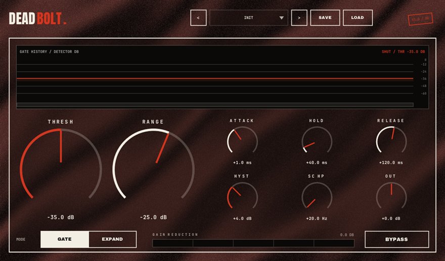 DEADBOLT — free gate / expander plugin for Windows (VST3), BSMT.DSP by Dr.dawgOG: interface screenshot
