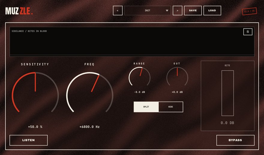MUZZLE — free de-esser plugin for Windows (VST3), BSMT.DSP by Dr.dawgOG: interface screenshot